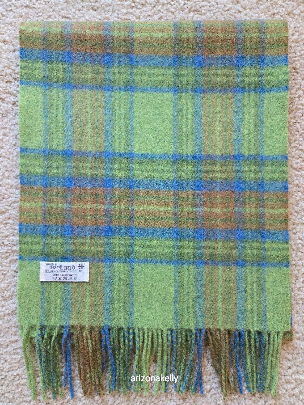 NWOT Lambswool Scarf John Hanly Ireland Plaid Wool Green Blue Brown - Picture 1 of 10